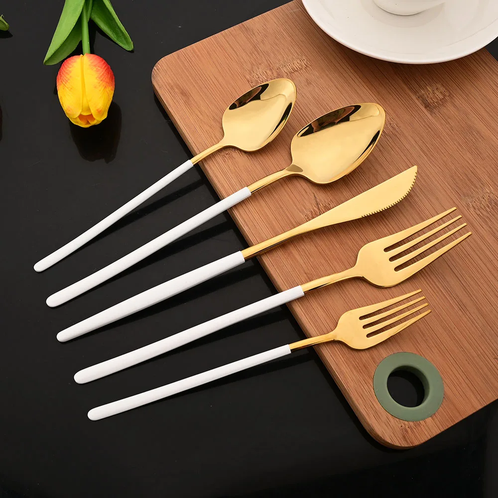 Gold Plated Cutlery - 5Pcs White Gold Cutlery Set Stainless