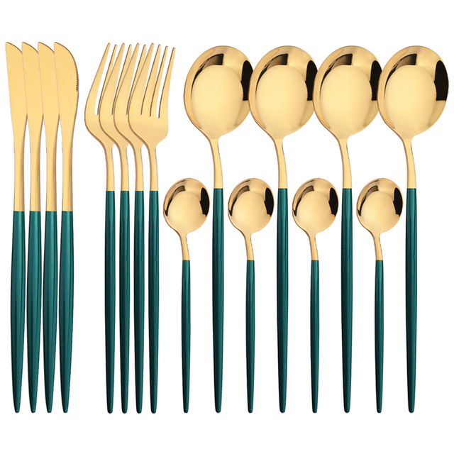 Gold Plated Cutlery - 16Pcs Green Gold Dinnerware Stainless Steel